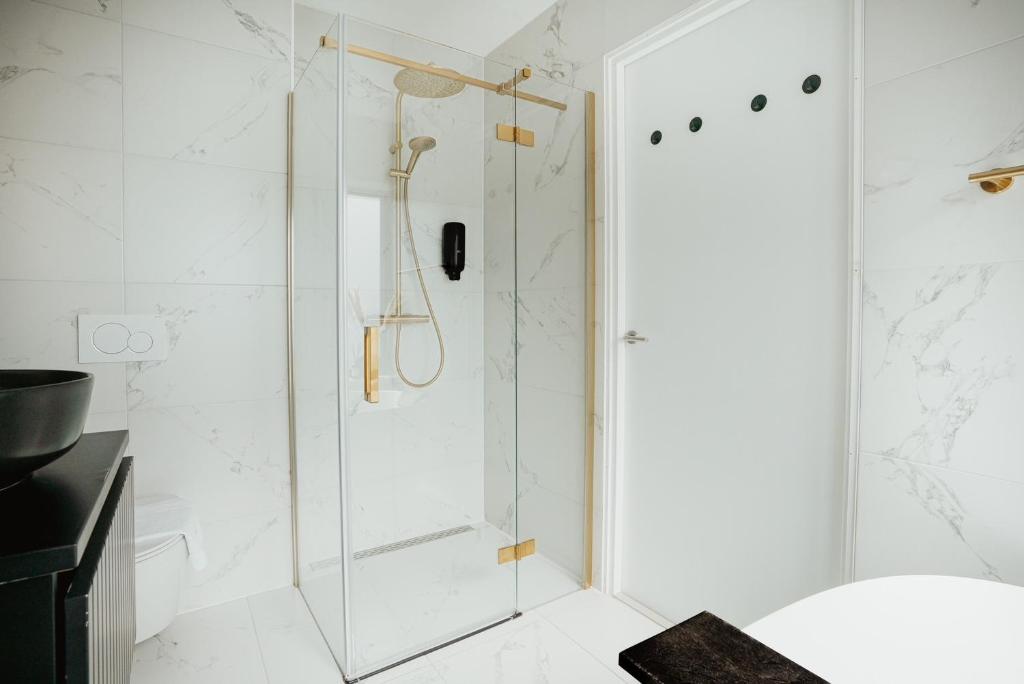 een douche met een glazen deur in een badkamer bij Hotel Janssen in Valkenburg