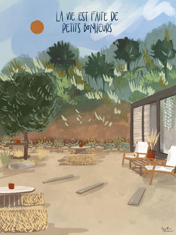 une fresque d'un parc avec des chaises et des arbres dans l'établissement Mare, à Porto-Vecchio