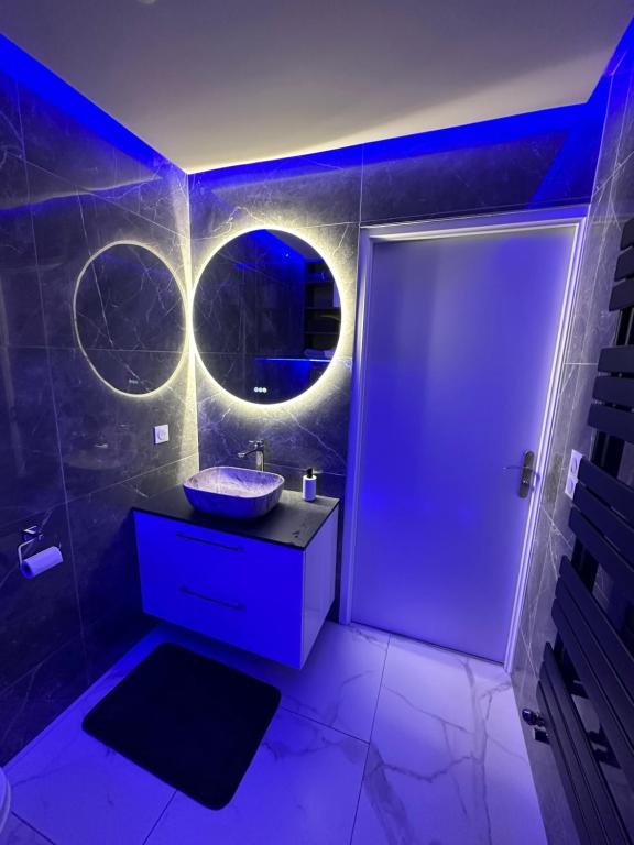 une salle de bain avec un lavabo et un miroir dans l'établissement Petit appartement, cosy très calme à côté de PARIS, à Villeneuve-le-Roi