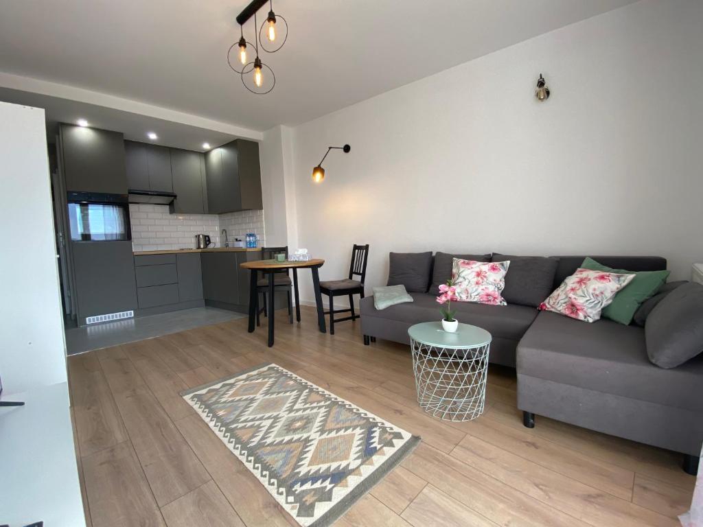 a living room with a couch and a table at Apartament Nad Stawem in Wadowice