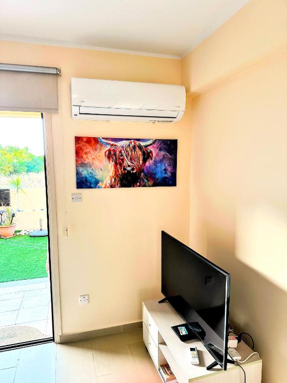 a living room with a television and a painting on the wall at AFRODITI APARTMENTs in Perivolia