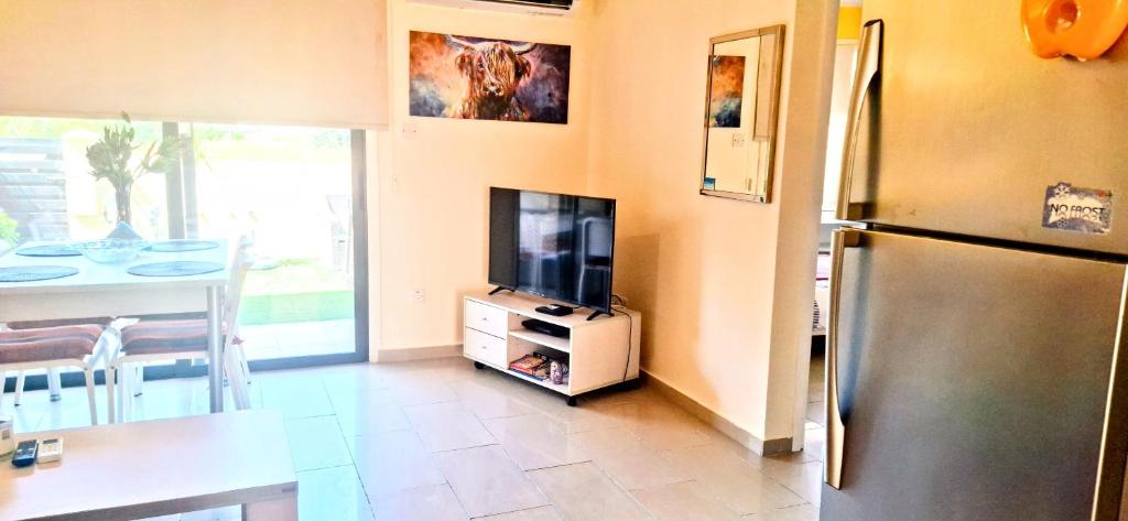 a kitchen with a refrigerator and a tv and a table at AFRODITI APARTMENTs in Perivolia