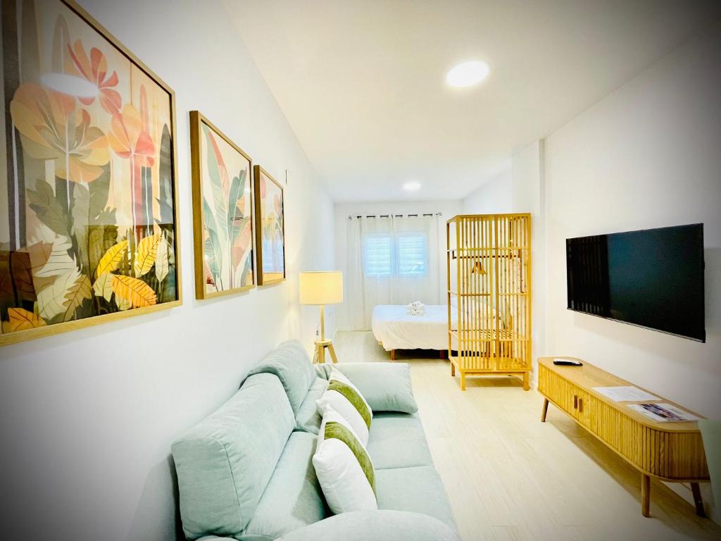 a living room with a couch and a flat screen tv at Apartamentos Guerrero in Merida