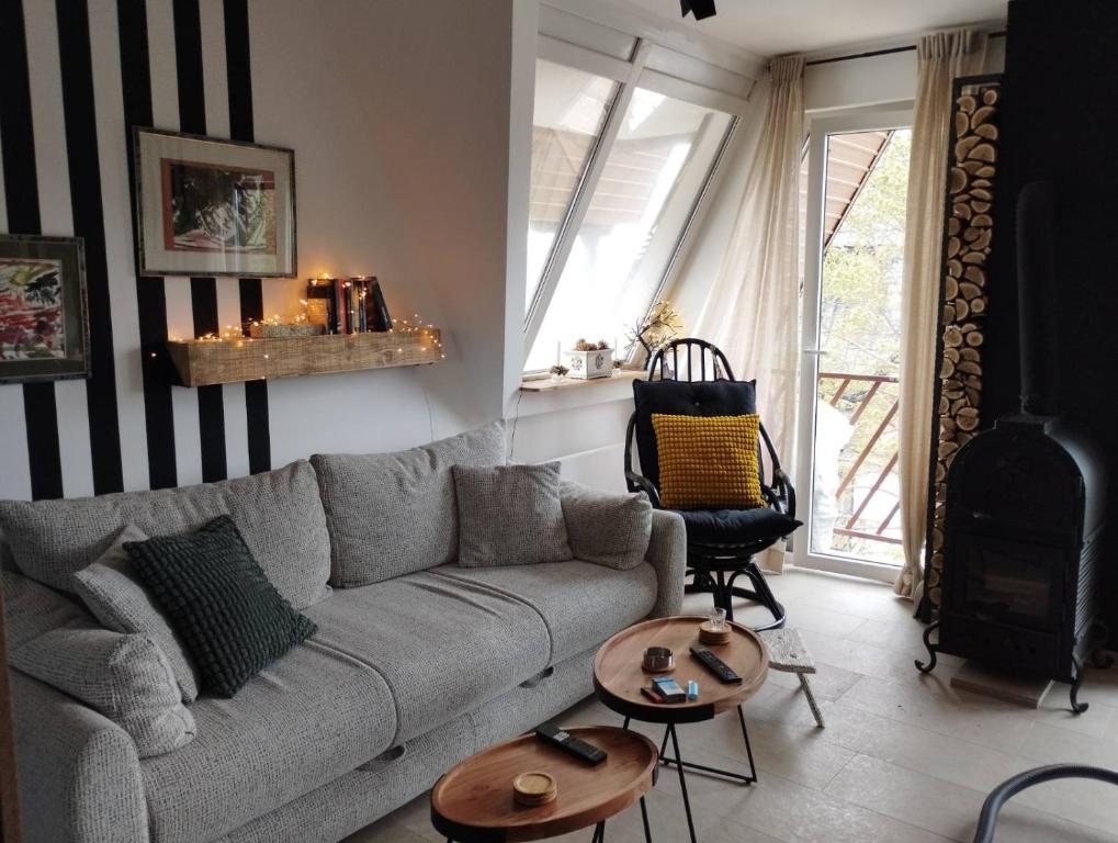 Sala de estar con sofá gris y 2 mesas en Tajna, en Divčibare