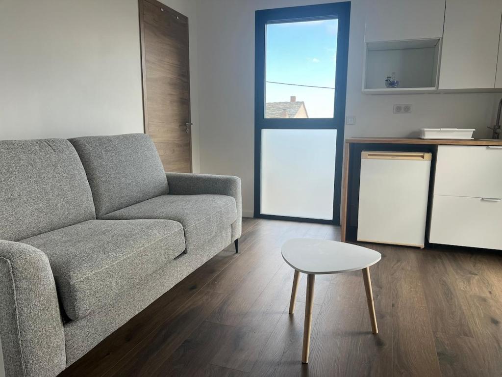 a living room with a couch and a table at Appartement au bord de mer in San-Martino-di-Lota