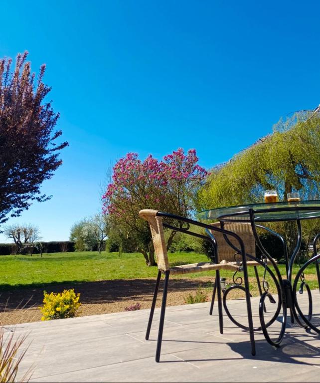 un banc et une table dans un parc dans l'établissement Happy Days - 5 chambres- jardín Parenthèse rétro en famille, à Friaucourt