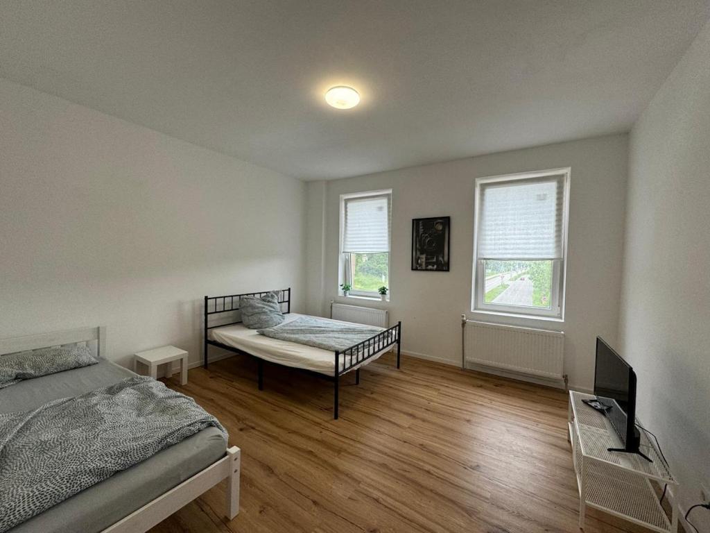 una camera con un letto e una TV e due finestre di Modern & Comfortable Apartments in Central Altenburg ad Altenburg