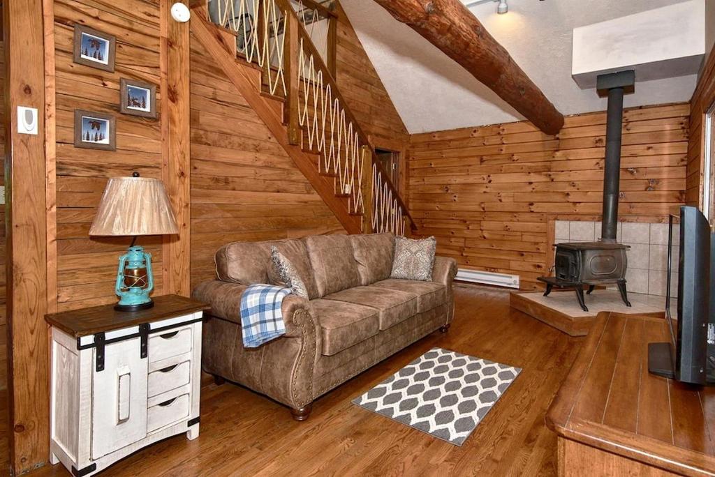 a living room with a couch and a stove at Rustic Cabin with Jacuzzi Surrounded by Nature in Ohio in Rockbridge