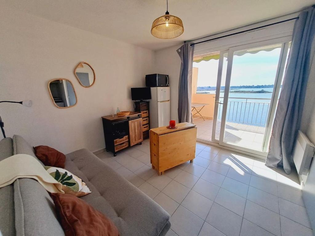 un salon avec un canapé et une vue sur l'océan dans l'établissement Les rives du lac, au Grau-du-Roi