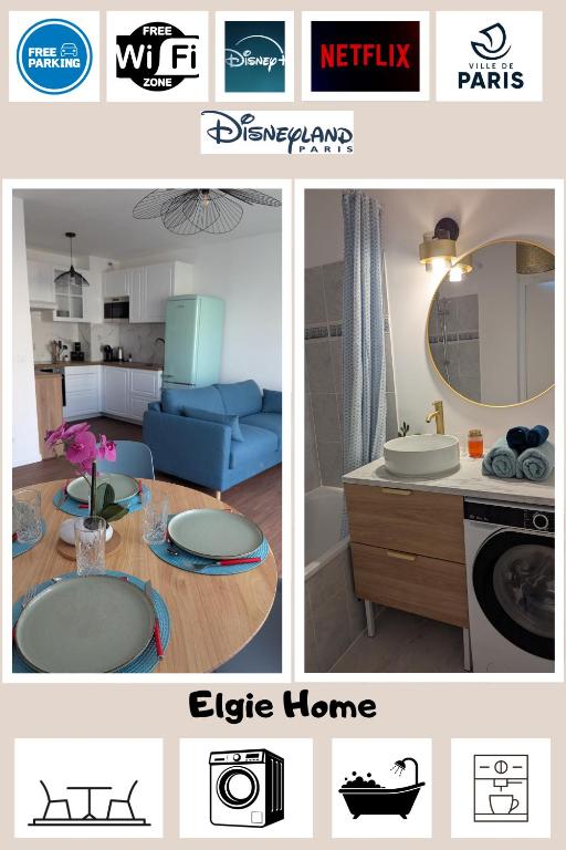 un collage de trois photos d'une cuisine et d'un salon dans l'établissement Appartement - Hotel, proche Disney et Paris, parking, wifi, à Bussy-Saint-Georges