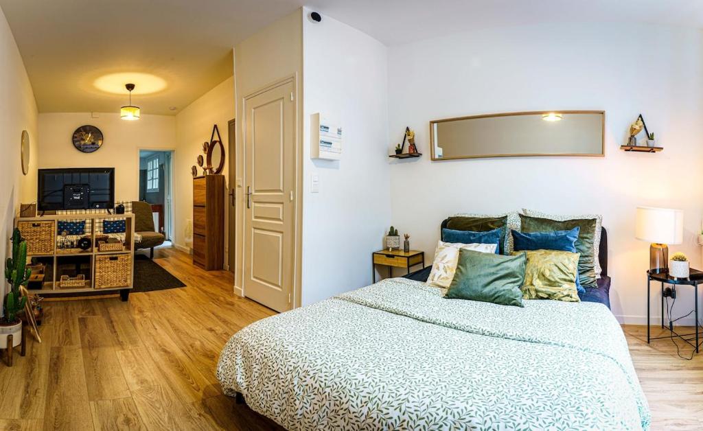 une chambre avec un lit et un miroir au mur dans l'établissement Charmant F2 Wifi centre 3Pers, à Saint-Quentin