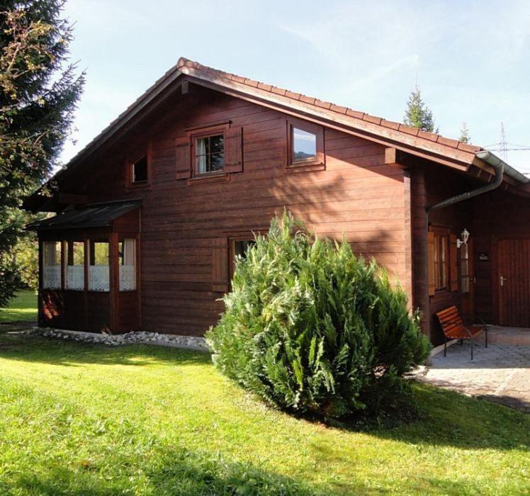 a wooden house with a bush in front of it at Ferienhaus im Feriendorf Reichenbach B12a in Nesselwang