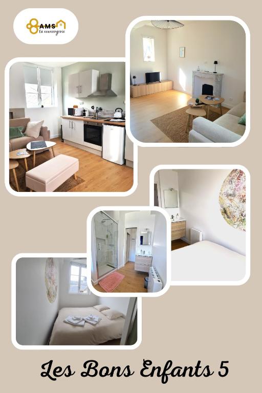 un collage de quatre photos d'un salon dans l'établissement Les bons Enfants 5, à Rouen