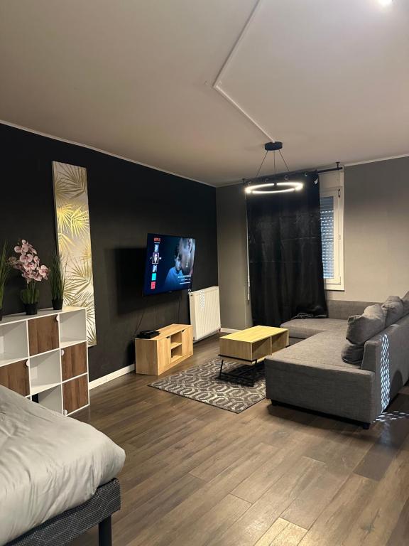 a living room with a couch and a flat screen tv at Appartement Claudel Netflix Saint Quentin en Yvelines in Montigny-le-Bretonneux