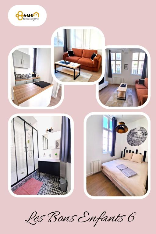 un collage de quatre photos d'un salon dans l'établissement Les Bons Enfants 6, à Rouen