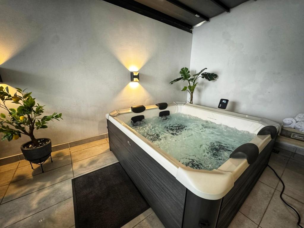 a jacuzzi tub in a room with a plant at Luxury 2 storey 2bedroom condo with Private Jacuzzi & patio - Athens in Athens