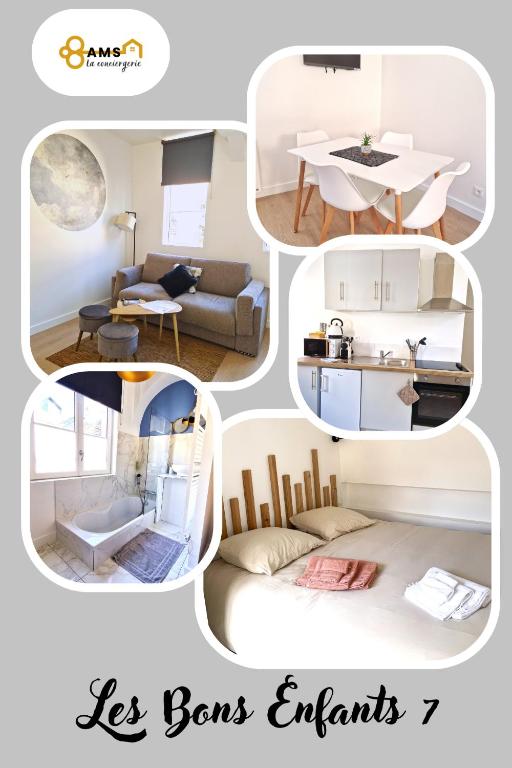 un collage de quatre photos d'un salon dans l'établissement Les Bons Enfants 7, à Rouen