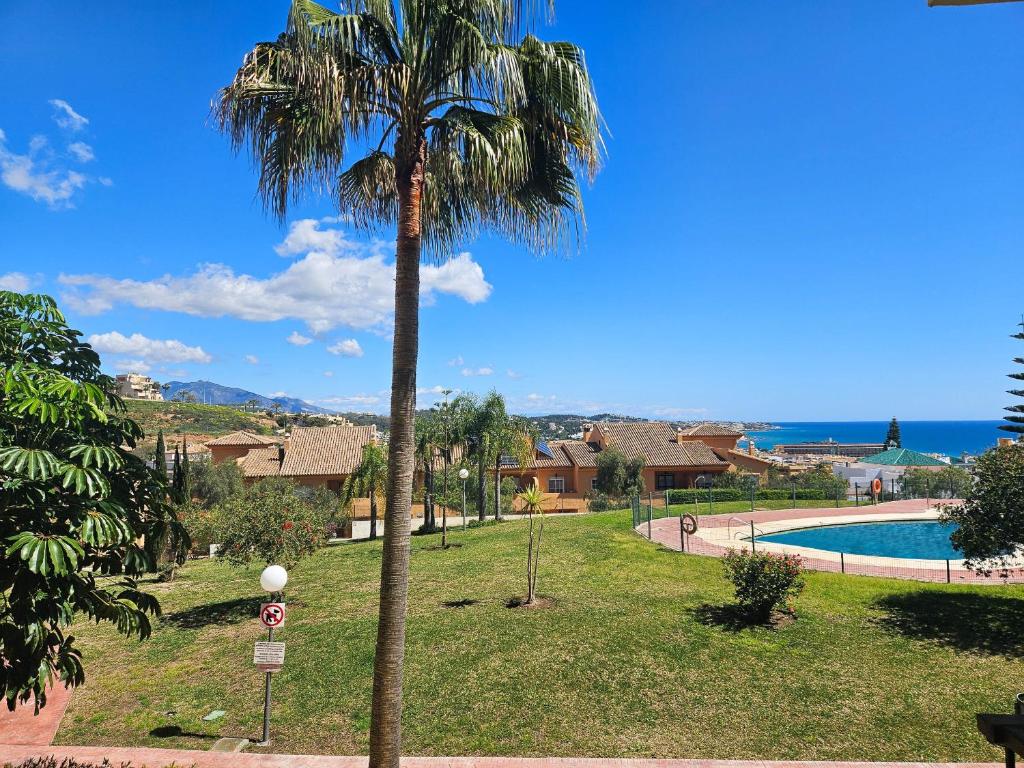 a palm tree in a park with a swimming pool at Two bedroom apartment with pool & sea views in Mijas Costa
