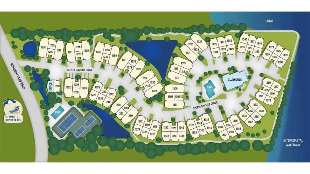 a site map of the resort at 2nd floor bayfront Siesta Key condo with private beach access in Siesta Key
