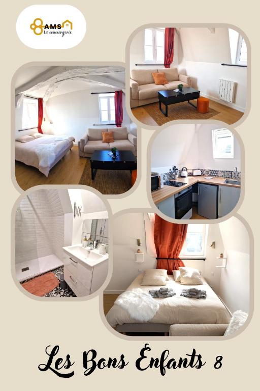 un collage de quatre photos d'une chambre d'hôtel dans l'établissement Les Bons Enfants 8, à Rouen