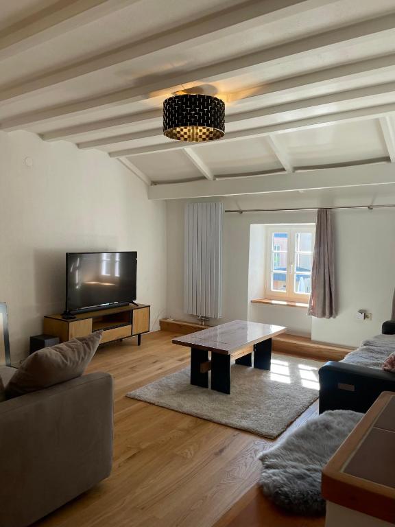 TV a/nebo společenská místnost v ubytování Ferienhaus Schiefertraum