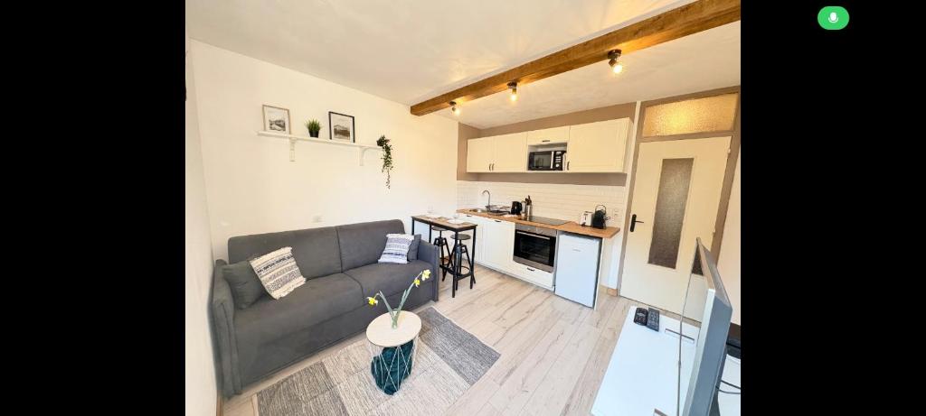 a living room with a couch and a kitchen at Charmant appartement à Saint-Gervais-les-Bains, idéal pour vos vacances à la montagne in Saint-Gervais-les-Bains