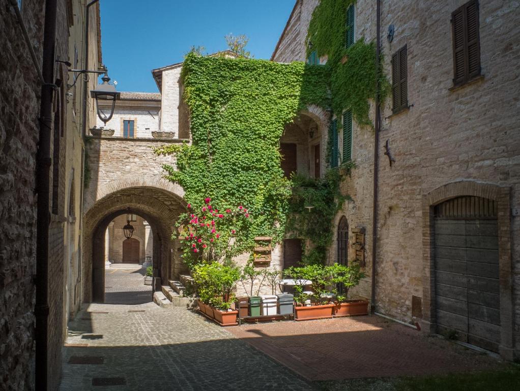 un callejón con hiedra al lado de un edificio en Appartamenti turistici Vicolo S. Chiara, en Sassoferrato