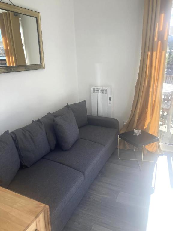 a gray couch in a living room with a mirror at River View Lodge in Caeathro