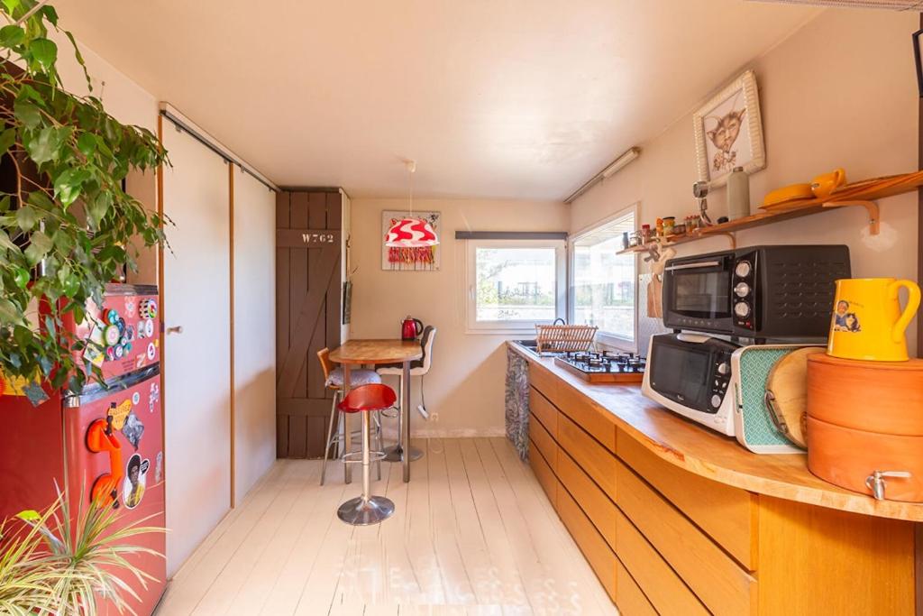 La cuisine est équipée d'un four micro-ondes et d'un réfrigérateur. dans l'établissement atelier d artiste au bord de l eau, à Plérin