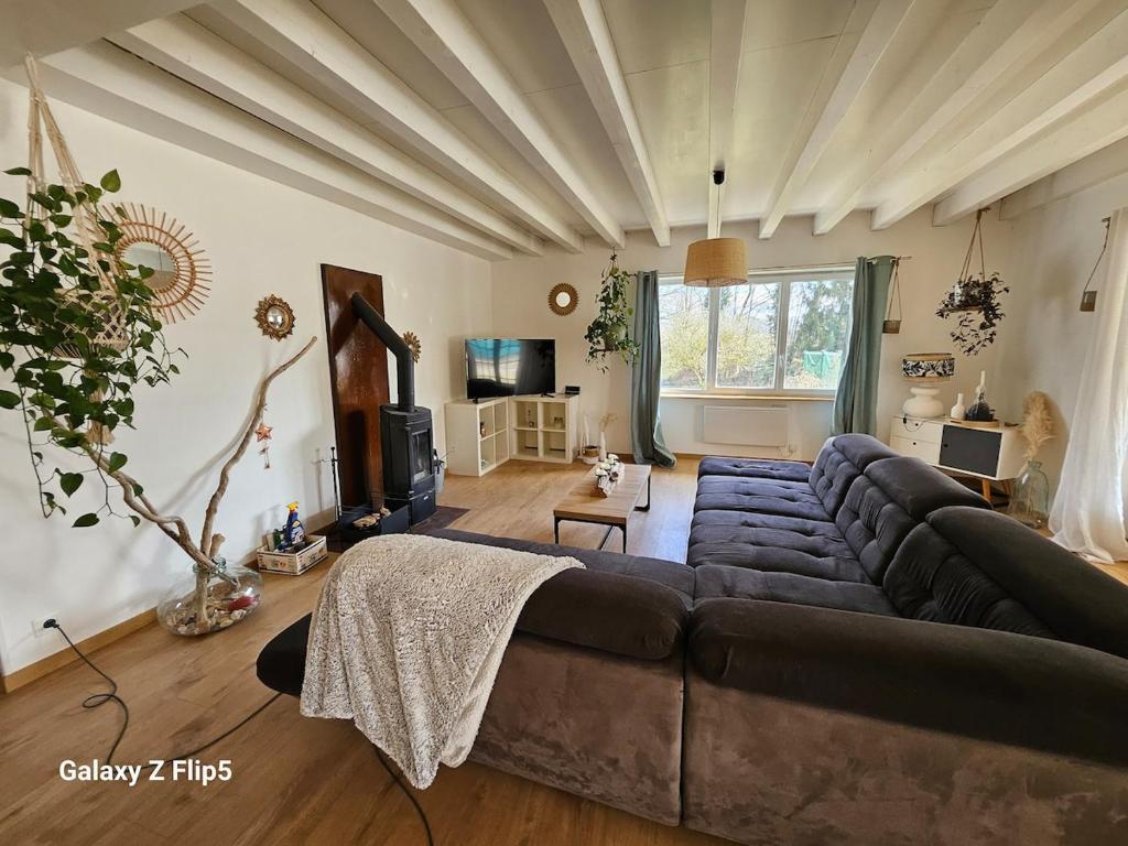 un salon avec un grand canapé et une télévision dans l'établissement Chez yoan et laurie, à Corbelin