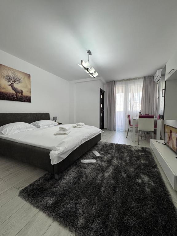 a bedroom with a large bed and a living room at LUXURY studio PLAZA M DRUMUL TABEREI in Bucharest