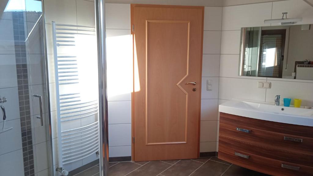 a bathroom with a shower and a sink and a door at Ferienwohnung Natur pur in Oberschönau