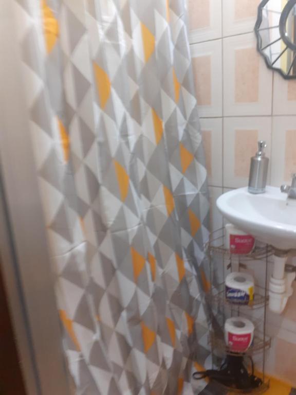 a bathroom with a shower curtain and a sink at Essentials Suite in Bon Accord