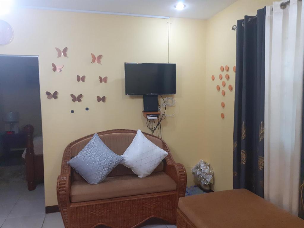 a living room with a couch with pillows and a tv at Essentials Suite in Bon Accord