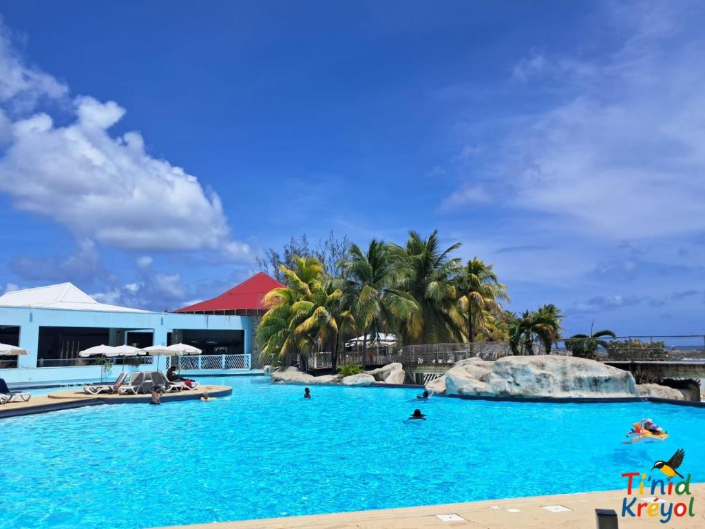 a pool at a resort with people swimming in it at Le Nid d'Amour Créole - Studio romantique avec accès au lagon et à la piscine XXL de 1 000 m2 - Saint-François in Saint-François