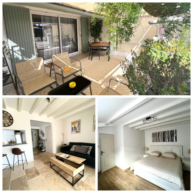 un collage de photos d'une chambre et d'un salon dans l'établissement L'ALPILLE - Maison de vacances située à 10 mn à pied du centre ville de St Rémy avec place de parking privative, à Saint-Rémy-de-Provence