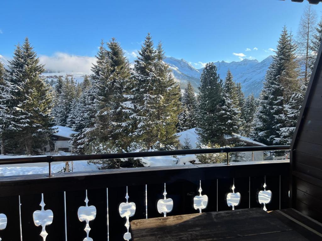 a group of flamingos on a balcony with snowy mountains at Kreidl Top 13 in Königsleiten