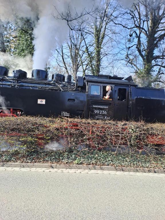 a black train is traveling down the tracks at Ferienwohnung Hartmann in Wernigerode