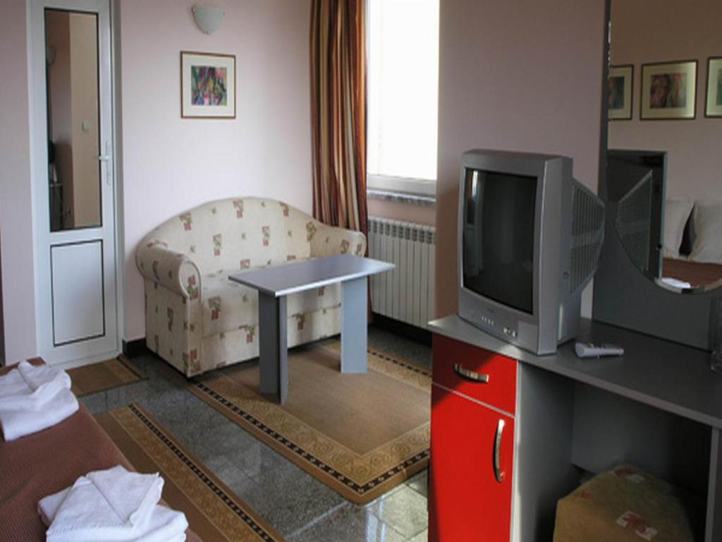 - un salon avec une télévision et un canapé dans l'établissement Hotel Ertancom, à Blagoevgrad