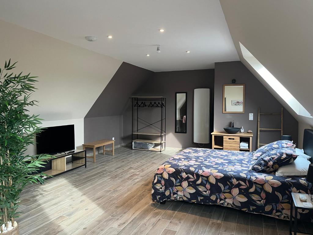 une chambre avec un lit et une télévision dans l'établissement chambre Mont Fleuri, à Halluin