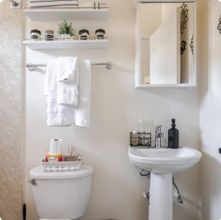 a bathroom with a toilet and a sink and a mirror at Barefoot Bliss Short Term Rental with pool in Colbeck Manor in Claremont