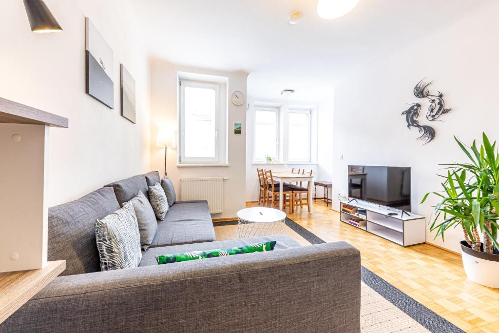 a living room with a gray couch and a tv at YOUNG VIENNA by JR City Apartments in Vienna