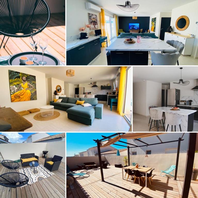 un collage de photos d'un salon et d'une cuisine dans l'établissement La Villa Bohème, à Narbonne