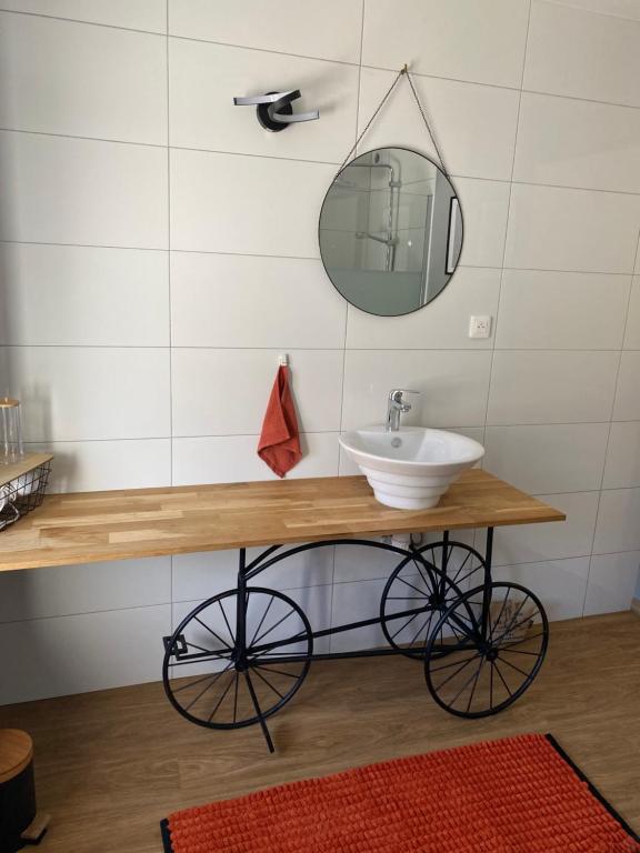 a bathroom with a sink and a mirror at Le Refuge in Semide
