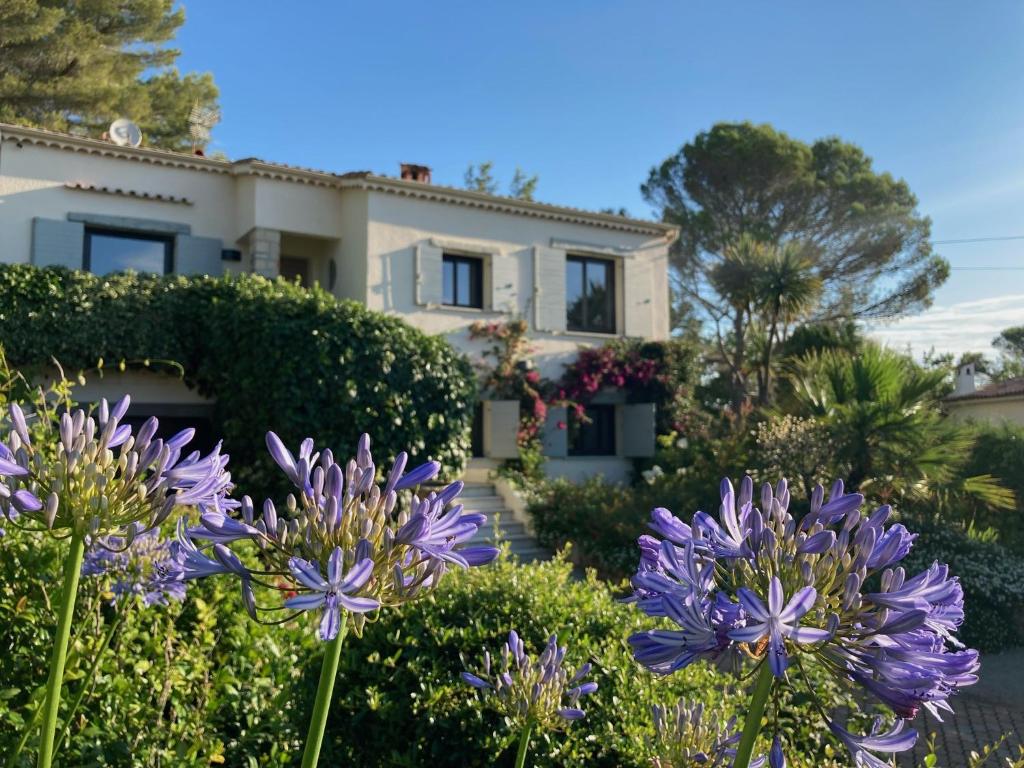 une maison avec des fleurs violettes devant dans l'établissement Enjoy Mougins Villa, à Mougins