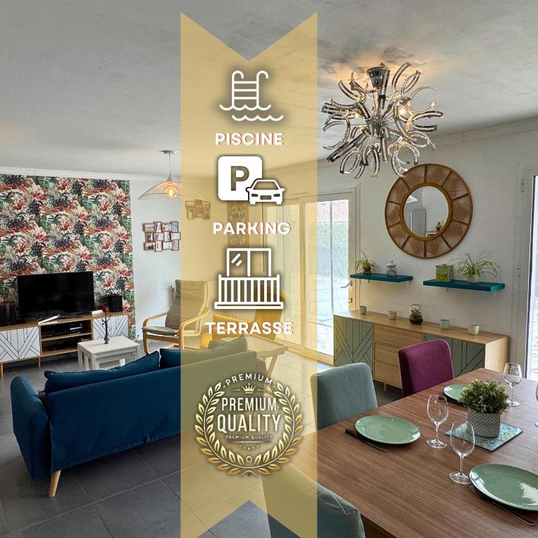 un salon avec une table et une salle à manger dans l'établissement Lotus - Terrasse - Piscine - Parking, à Dax