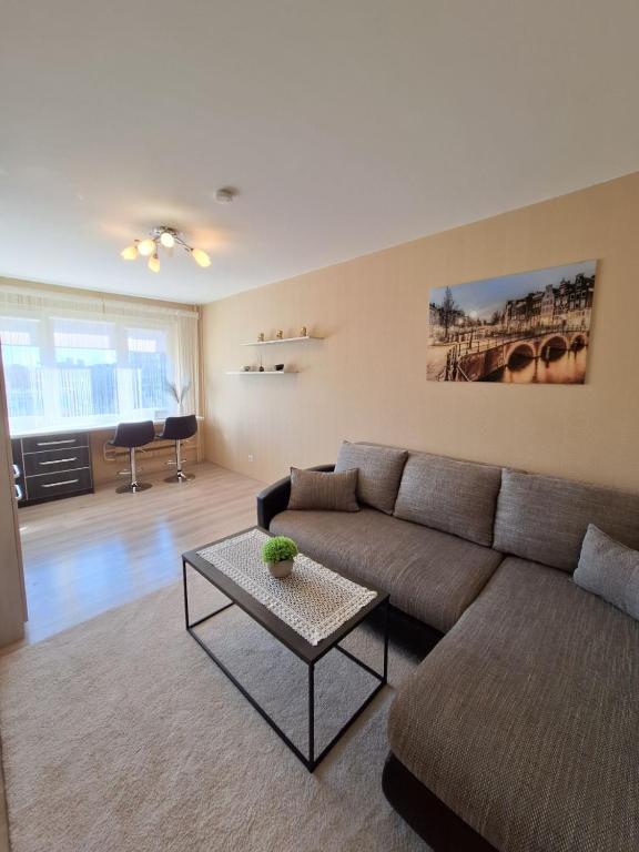 a living room with a couch and a table at LuXury Apartment on Naujakiemis Street in Klaipėda