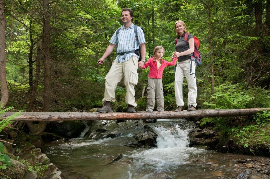 a family standing on a bridge over a creek at Parc Hôtel in Wangenbourg