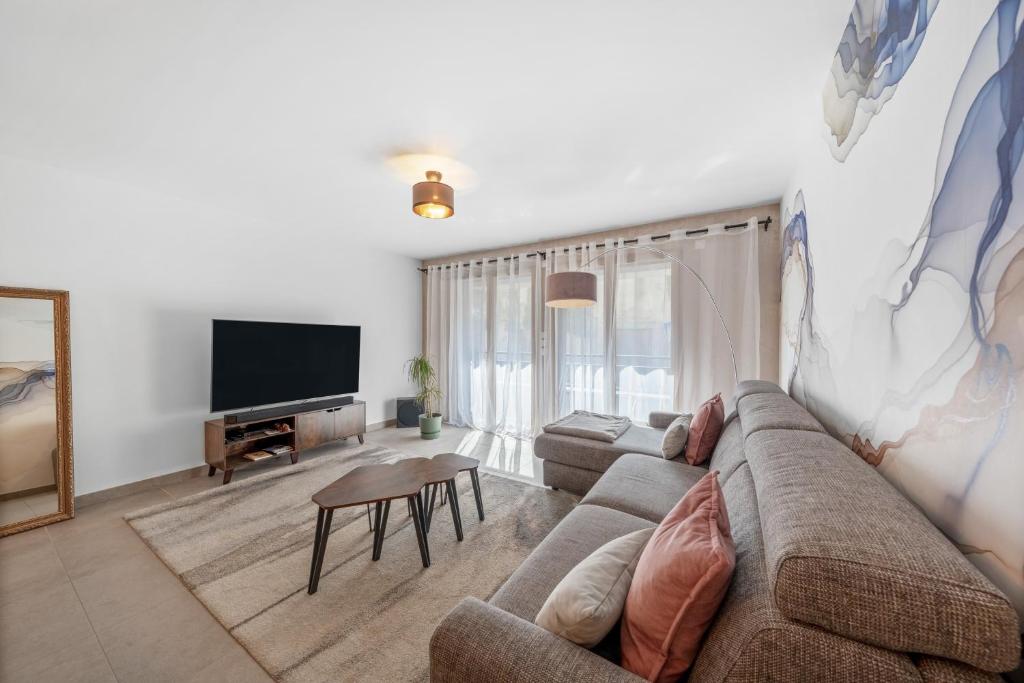 un salon avec un canapé et une télévision à écran plat dans l'établissement Appartment hypercentre Evian, à Évian-les-Bains