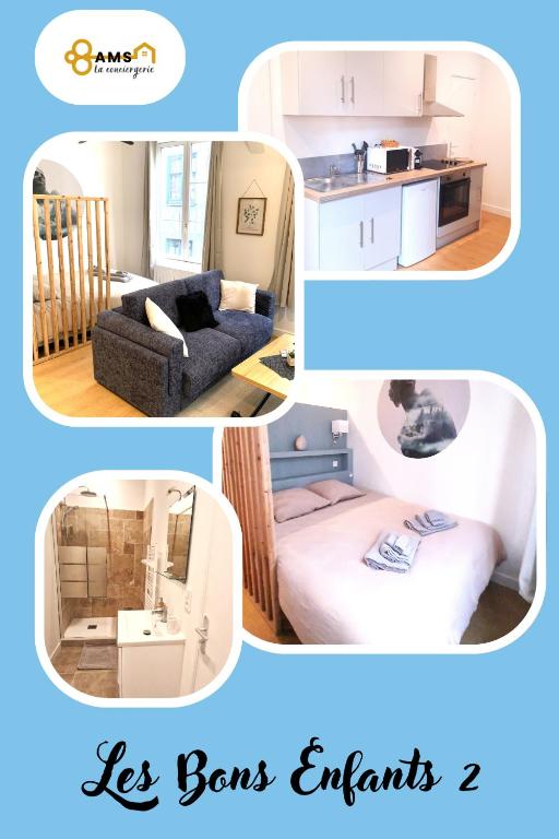 un collage de photos d'un salon et d'une chambre dans l'établissement Les Bons Enfants 2, à Rouen